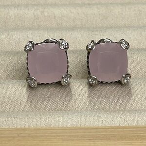 Cushion Cut Rose Quartz Earrings Silver & Gold Rope Setting Omega Closure - NEW
